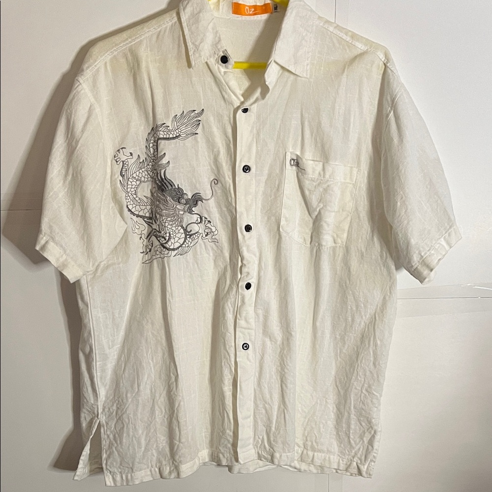 😄O2 cotton vacation shirt button down dragon xl
